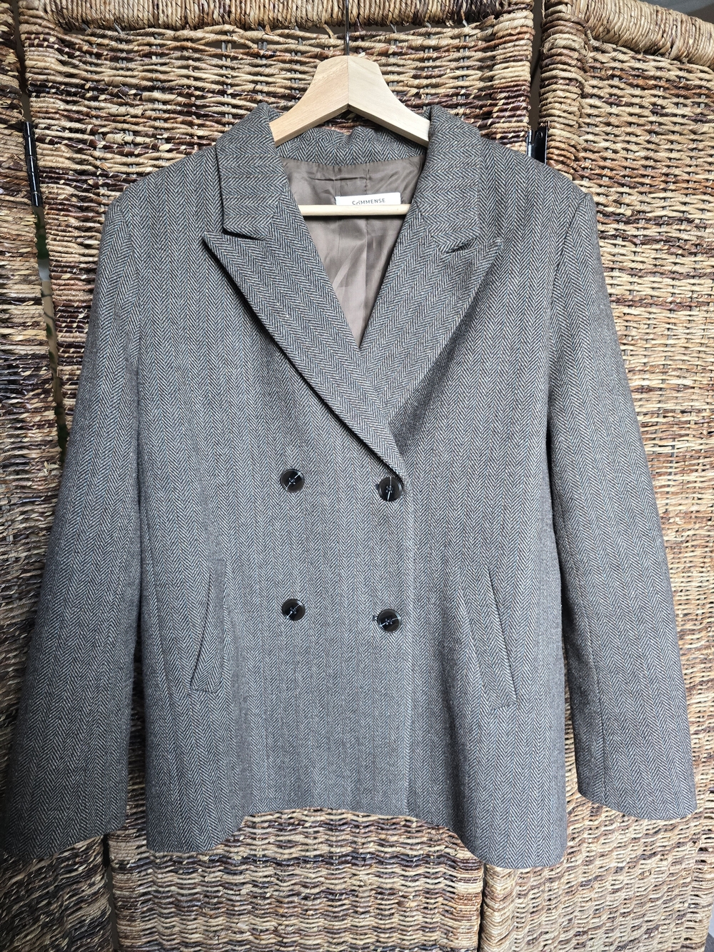 Commense Grey Herringbone Double-Breasted Pea Coat - Commense